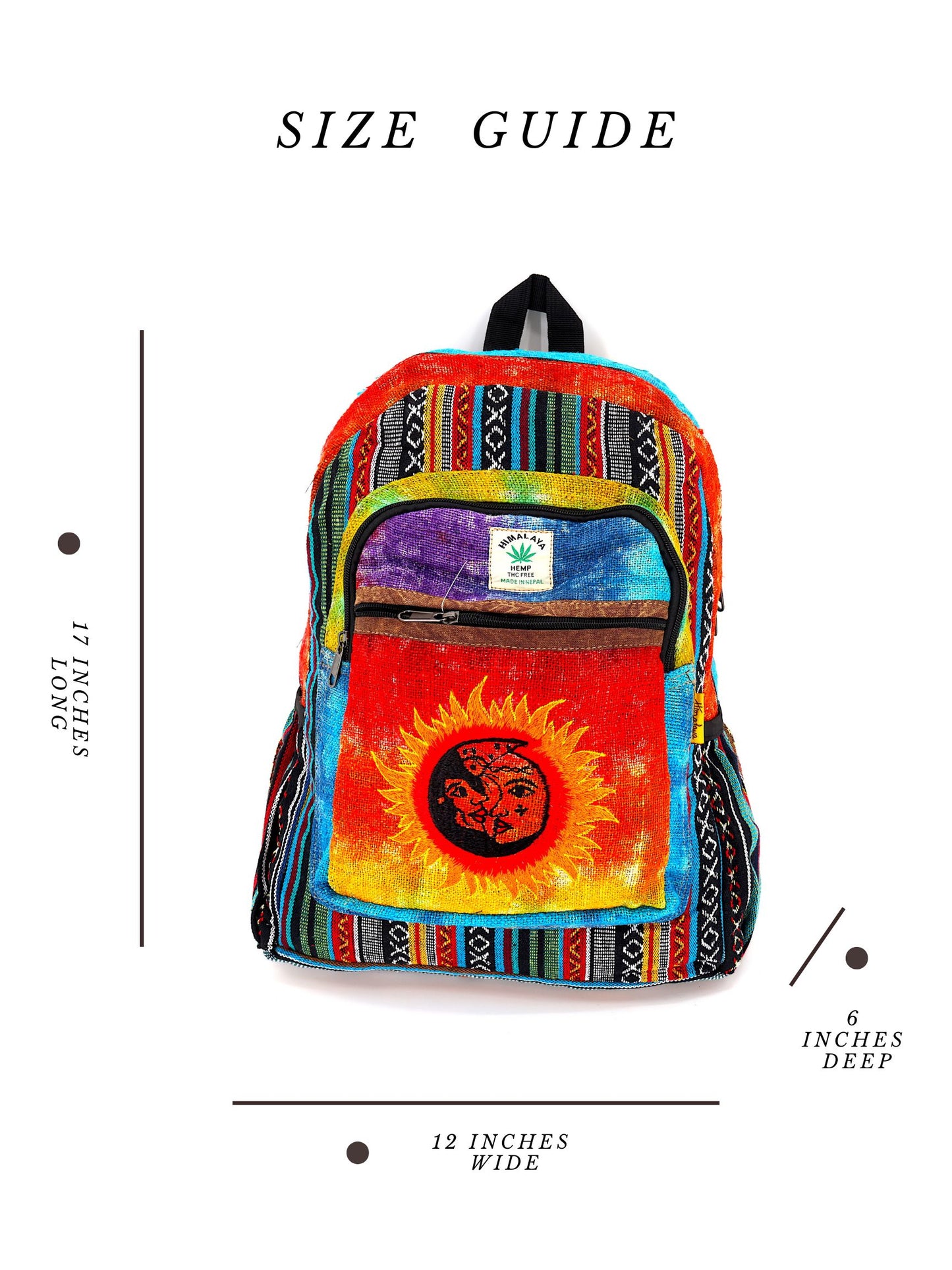 Hemp Sun and Moon Hand Embroidered Tie Dye Large Backpack