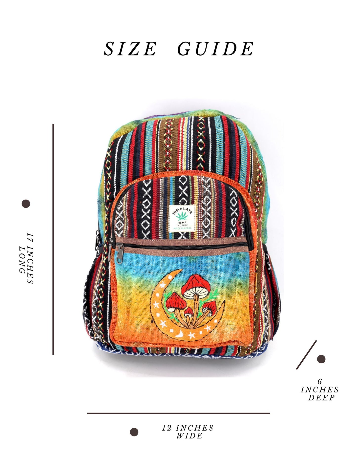 Hemp Moon Mushroom Hand Embroidered Tie Dye Large Backpack