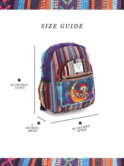 Moon & Mushroom Hemp Mini Backpack | Hand Embroidered Tie Dye Bag
