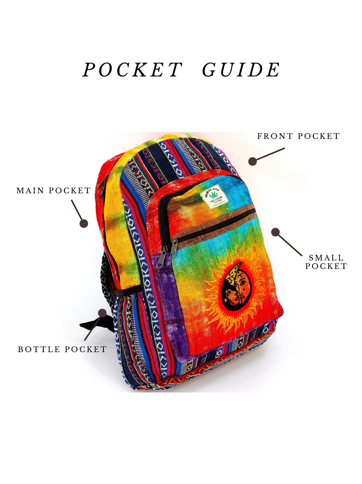 Hemp Sun and Moon Hand Embroidered Tie Dye Large Backpack