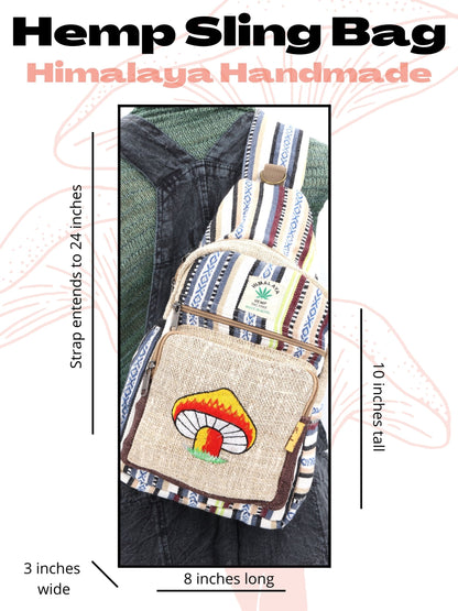 Mushroom Hemp Sling Backpack | Embroidered Shoulder Bag