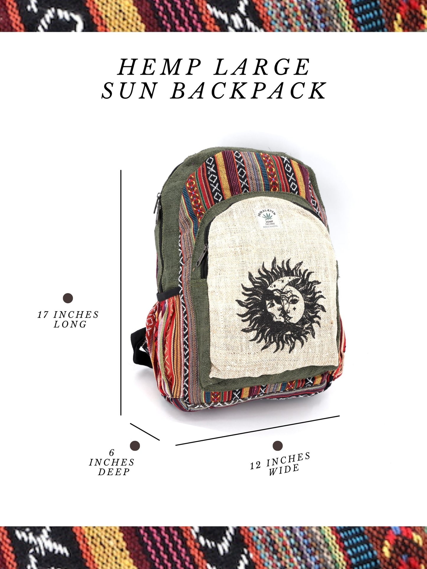 Hemp Sun and Moon Print Handmade Large Backpack