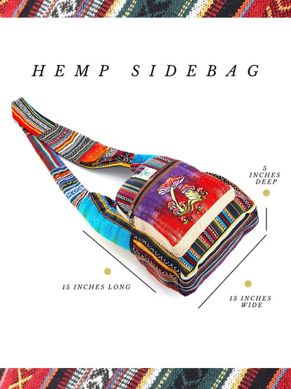 Frog Mushroom Hemp Crossbody | Hand Embroidered Tie Dye Messenger Bag