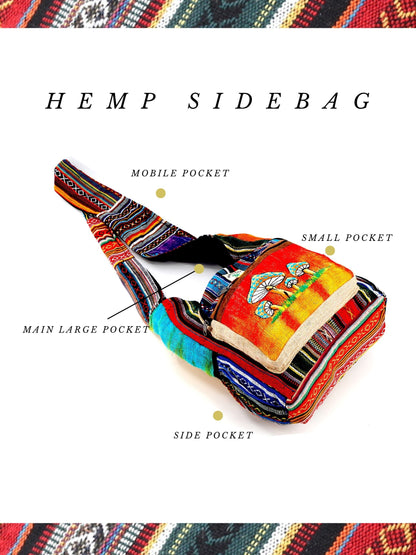 Mushroom Hemp Crossbody Bag | Hand Embroidered Tie Dye Messenger Bag