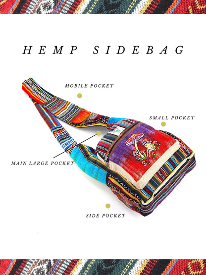 Frog Mushroom Hemp Crossbody | Hand Embroidered Tie Dye Messenger Bag