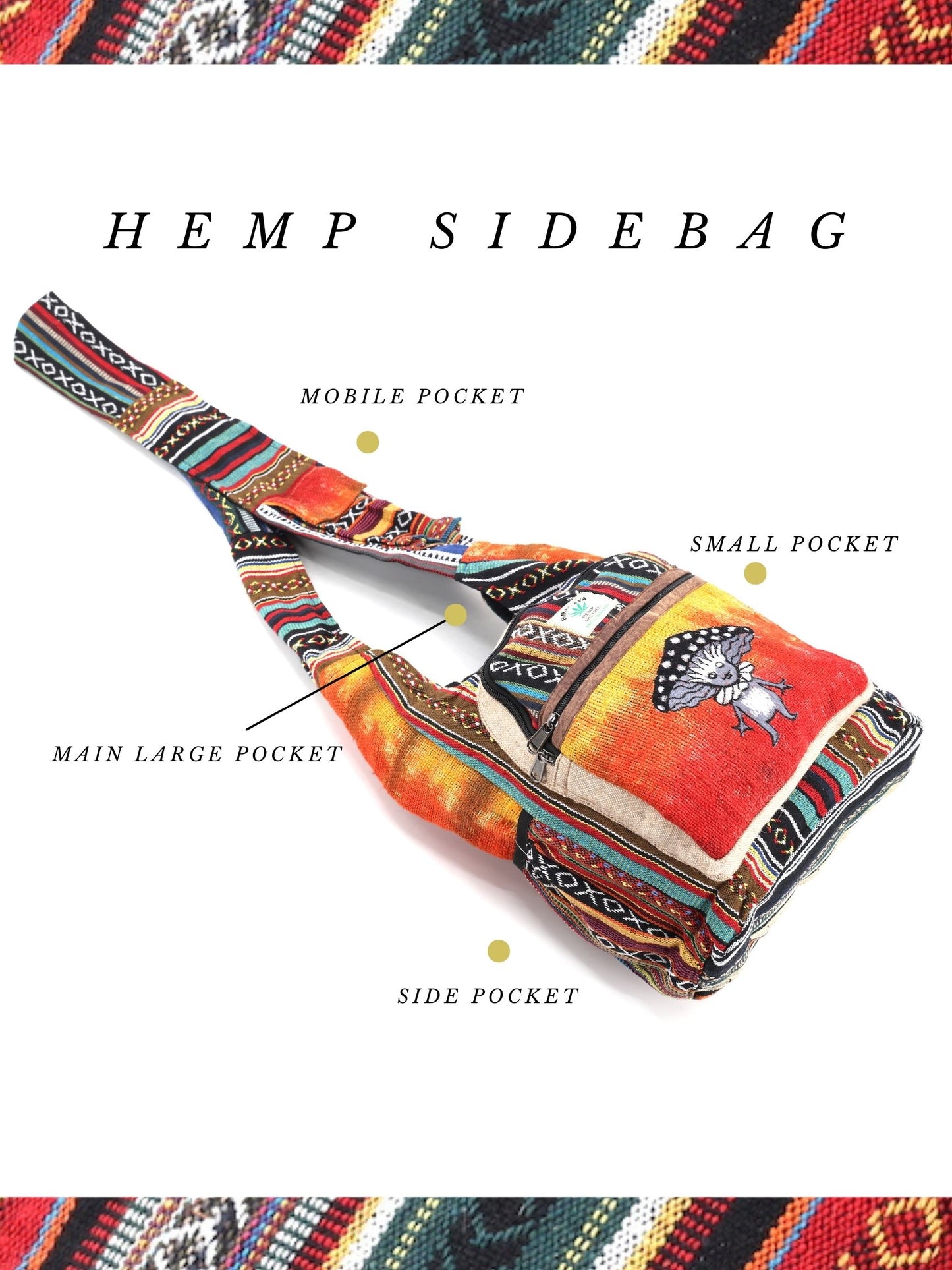 Hemp Mushroom Elf Hand Embroidered Tie Dye Crossbody Bag