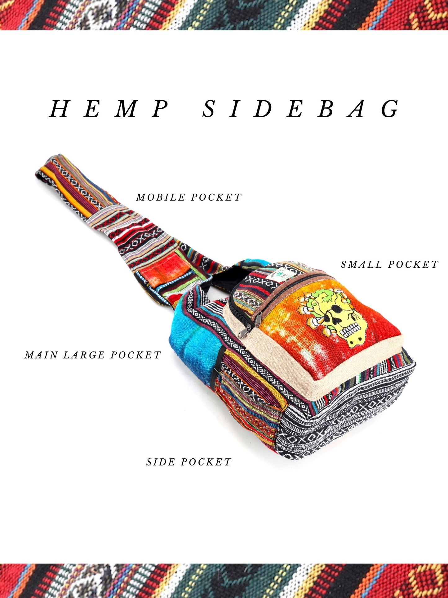 Hemp Skull Mushroom Hand Embroidered Tie Dye Crossbody Bag