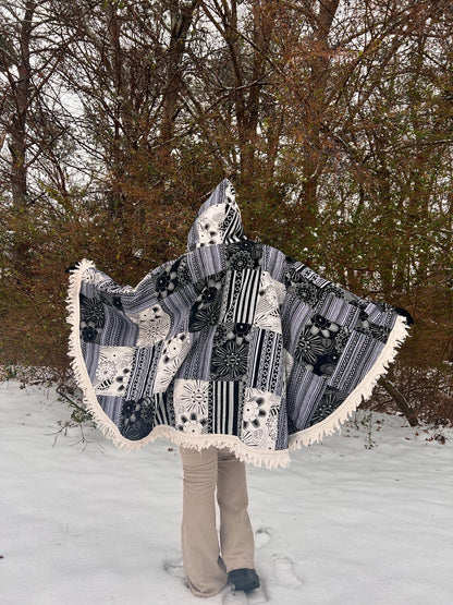 Cotton Hippie Handmade Flower of Life and Geometric Print Patchwork Bohemian Poncho