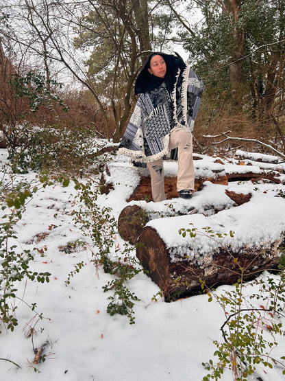 Cotton Hippie Handmade Flower of Life and Geometric Print Patchwork Bohemian Poncho