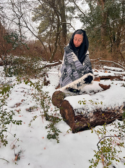 Cotton Hippie Handmade Flower of Life and Geometric Print Patchwork Bohemian Poncho