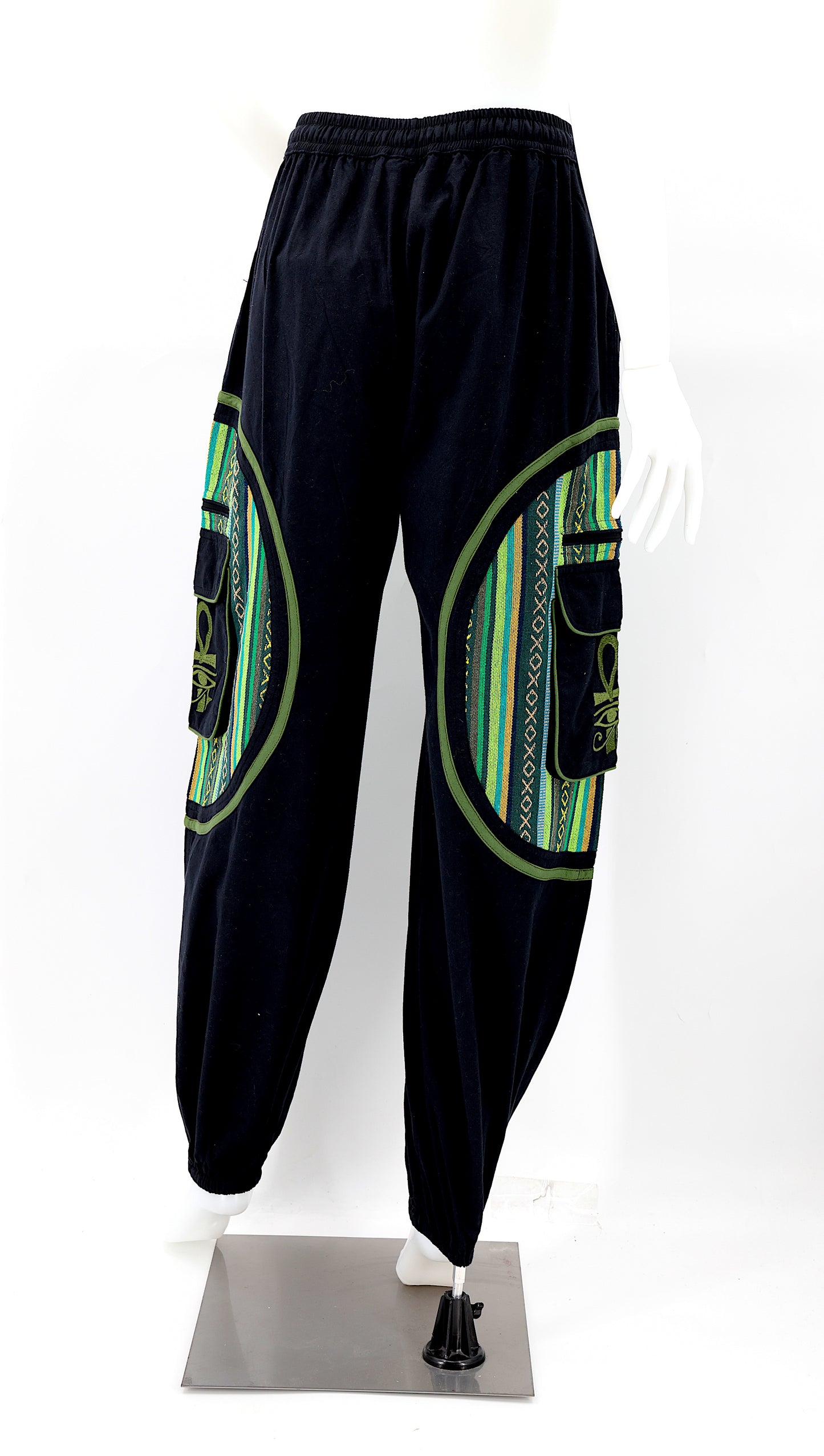 Cotton Hippie Handmade Harem Eye of Ra and Horus, Egyptian Ankh Embroidered Bohemian Trousers