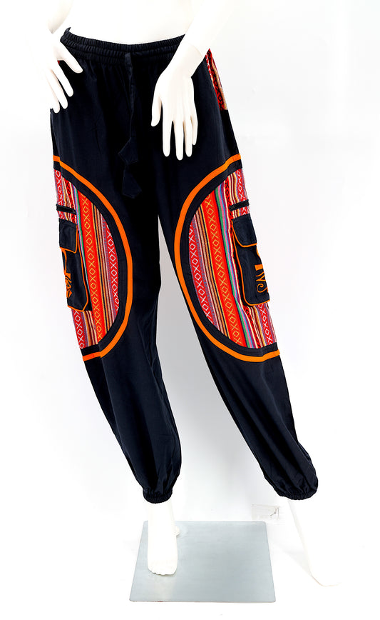 Cotton Hippie Handmade Harem Eye of Ra and Horus, Egyptian Ankh Embroidered Bohemian Trousers