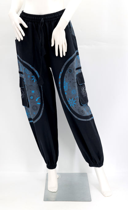Celestial Sun Moon Stars Pants | Embroidered Cotton Harem Pants