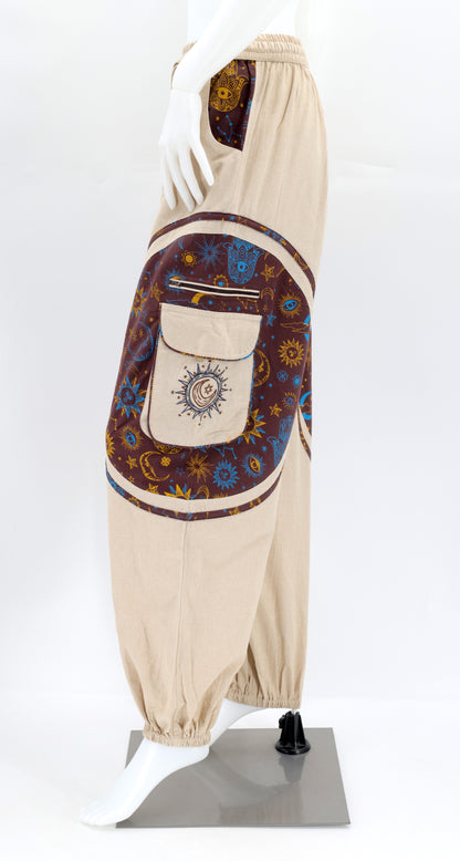Celestial Sun Moon Stars Pants | Embroidered Cotton Harem Pants