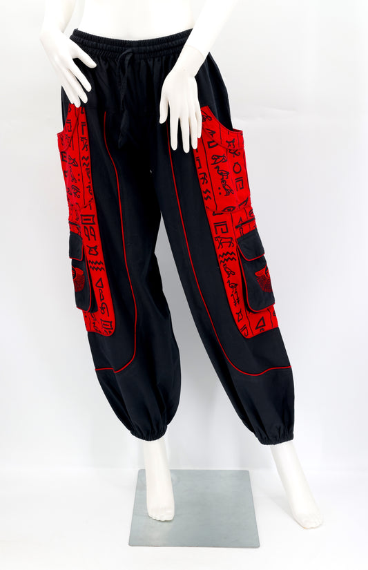 Cotton Hippie Handmade Harem Eye of Ra and Horus Embroidered Hieroglyphics Print Bohemian Pants