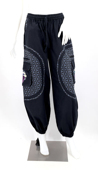 Front view of embroidered mushroom harem trousers