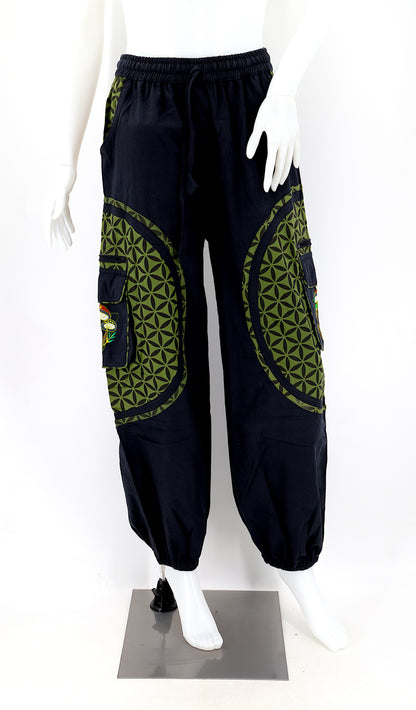 Front view of embroidered mushroom harem trousers