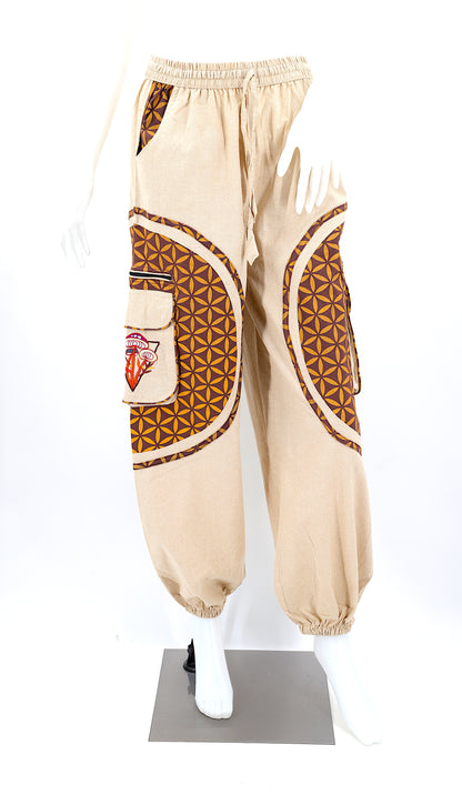 Front view of embroidered mushroom harem trousers