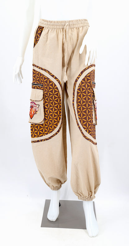 Artistic mushroom-stitched pants made from natural cotton