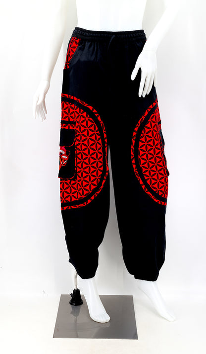 Front view of embroidered mushroom harem trousers
