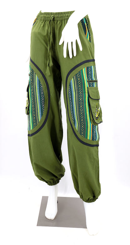 Front view of handmade moon and mushroom embroidered straight-leg harem pants