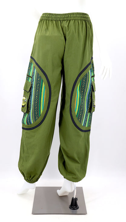 Back view of handmade moon and mushroom embroidered straight-leg harem pants