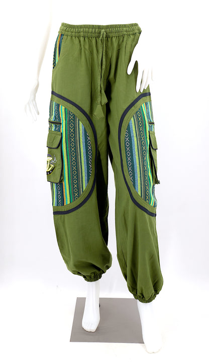 Front view of handmade moon and mushroom embroidered straight-leg harem pants