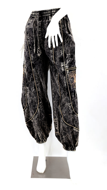Front view of black handmade Tree of Life embroidered straight-leg harem pants