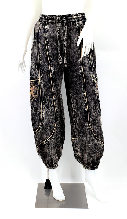 Front view of handmade Tree of Life embroidered straight-leg harem pants