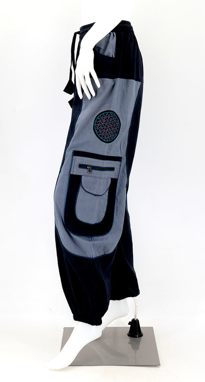 Side view showing relaxed fit and pocket detail of boho harem trousers