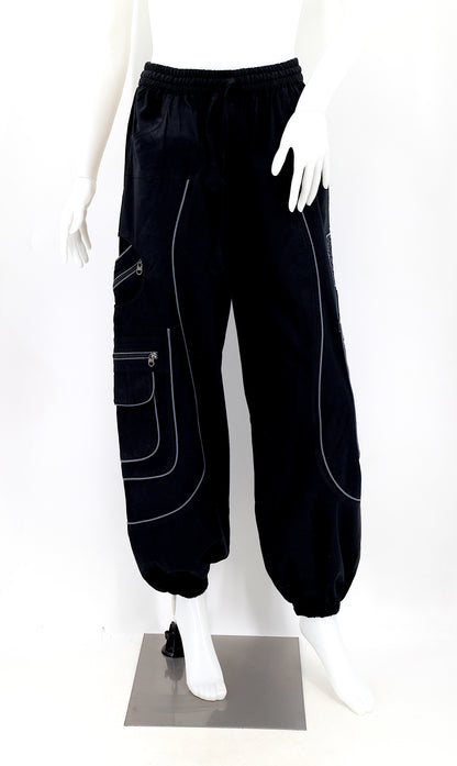 Front view of black handmade cotton harem pants with Flower of Life embroidery