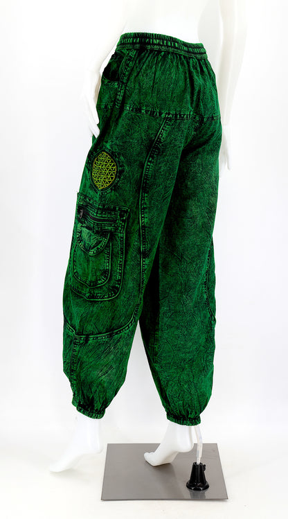 Back view of dark green Nepalese cotton harem pants with elastic waistband