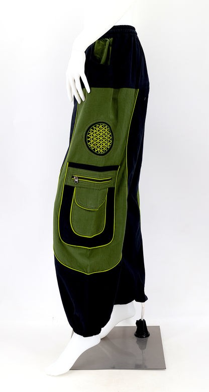 Side view showing relaxed fit and pocket detail of boho harem trousers