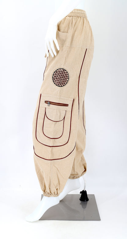 Side view showing relaxed fit and pocket detail of boho harem trousers