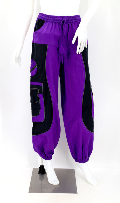 Front view of purple handmade cotton harem pants with Flower of Life embroidery