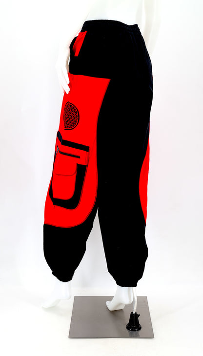 Back view of black red Nepalese cotton harem pants with elastic waistband