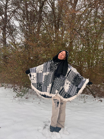 Cotton Hippie Handmade Flower of Life and Geometric Print Patchwork Bohemian Poncho