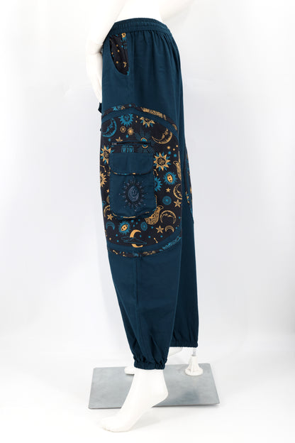 Celestial Sun Moon Stars Pants | Embroidered Cotton Harem Pants