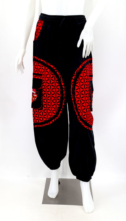Front view of handmade mushroom embroidered straight leg harem pants in solid color
