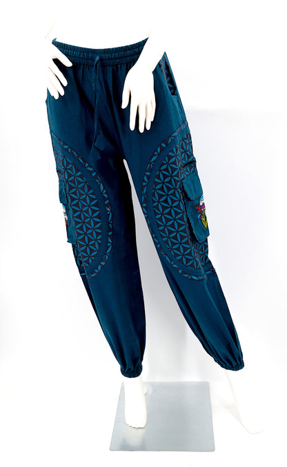 Front view of embroidered mushroom harem trousers