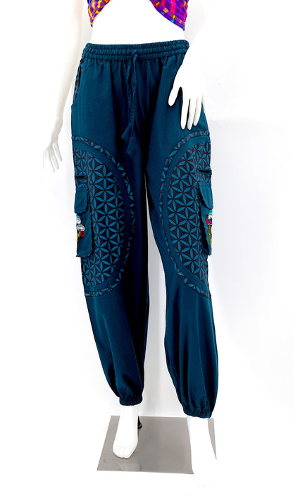 Artistic mushroom-stitched pants made from natural cotton