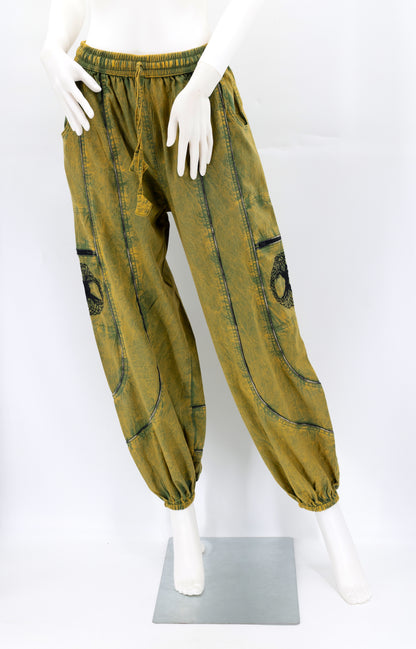 Front view of camo green handmade Tree of Life embroidered straight-leg harem pants