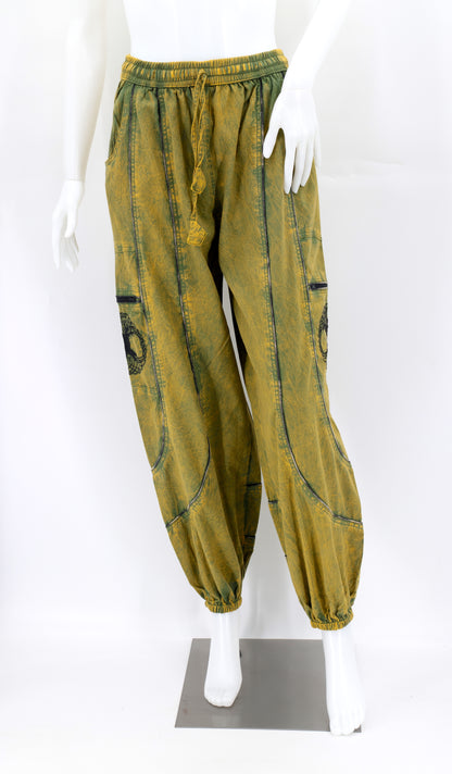 Front view of camo green handmade Tree of Life embroidered straight-leg harem pants