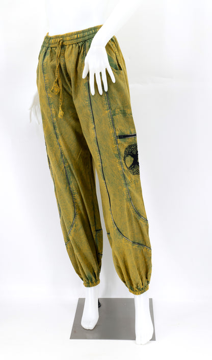 Front view of camo green handmade Tree of Life embroidered straight-leg harem pants