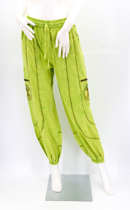 Front view of lime green handmade Tree of Life embroidered straight-leg harem pants