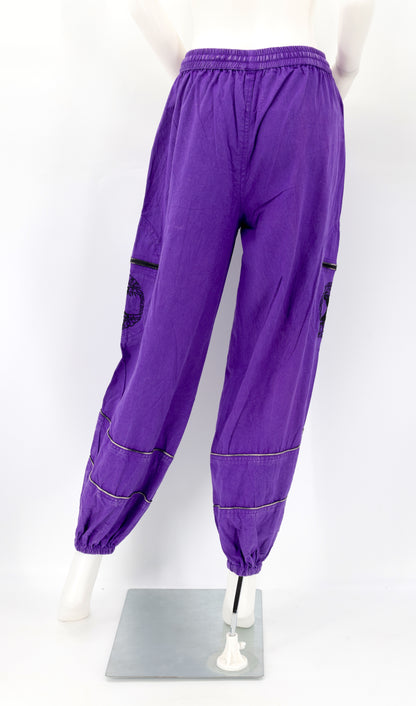 Back view of purple handmade Tree of Life embroidered straight-leg harem pants