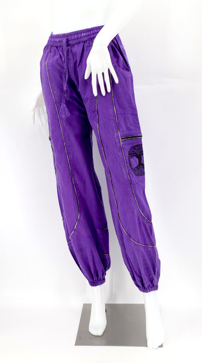 Front view of purple handmade Tree of Life embroidered straight-leg harem pants