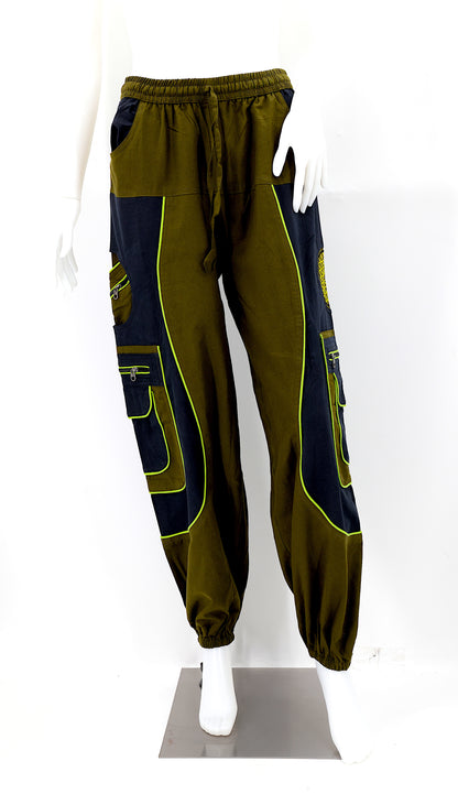 Front view of camo green handmade cotton harem pants with Flower of Life embroidery