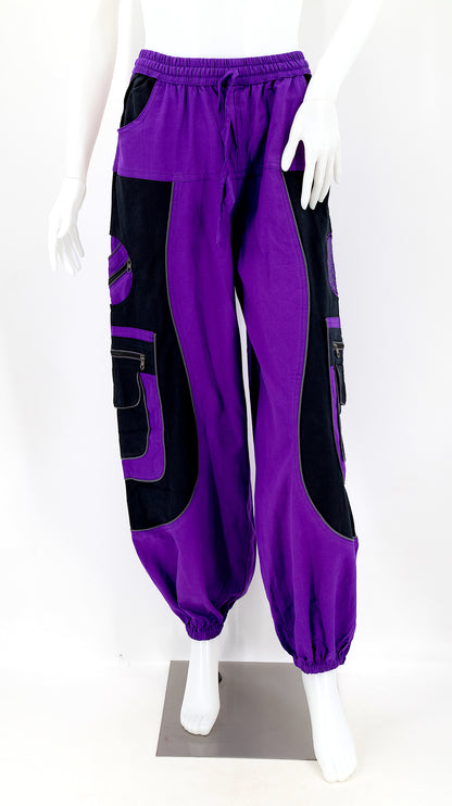 Front view of purple handmade cotton harem pants with Flower of Life embroidery