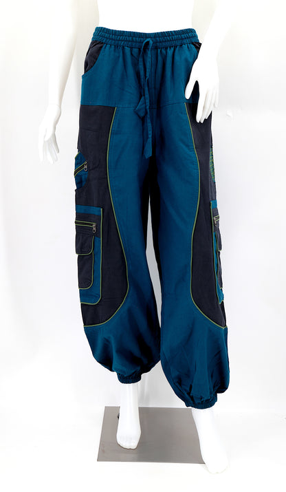 Front view of teal blue handmade cotton harem pants with Flower of Life embroidery